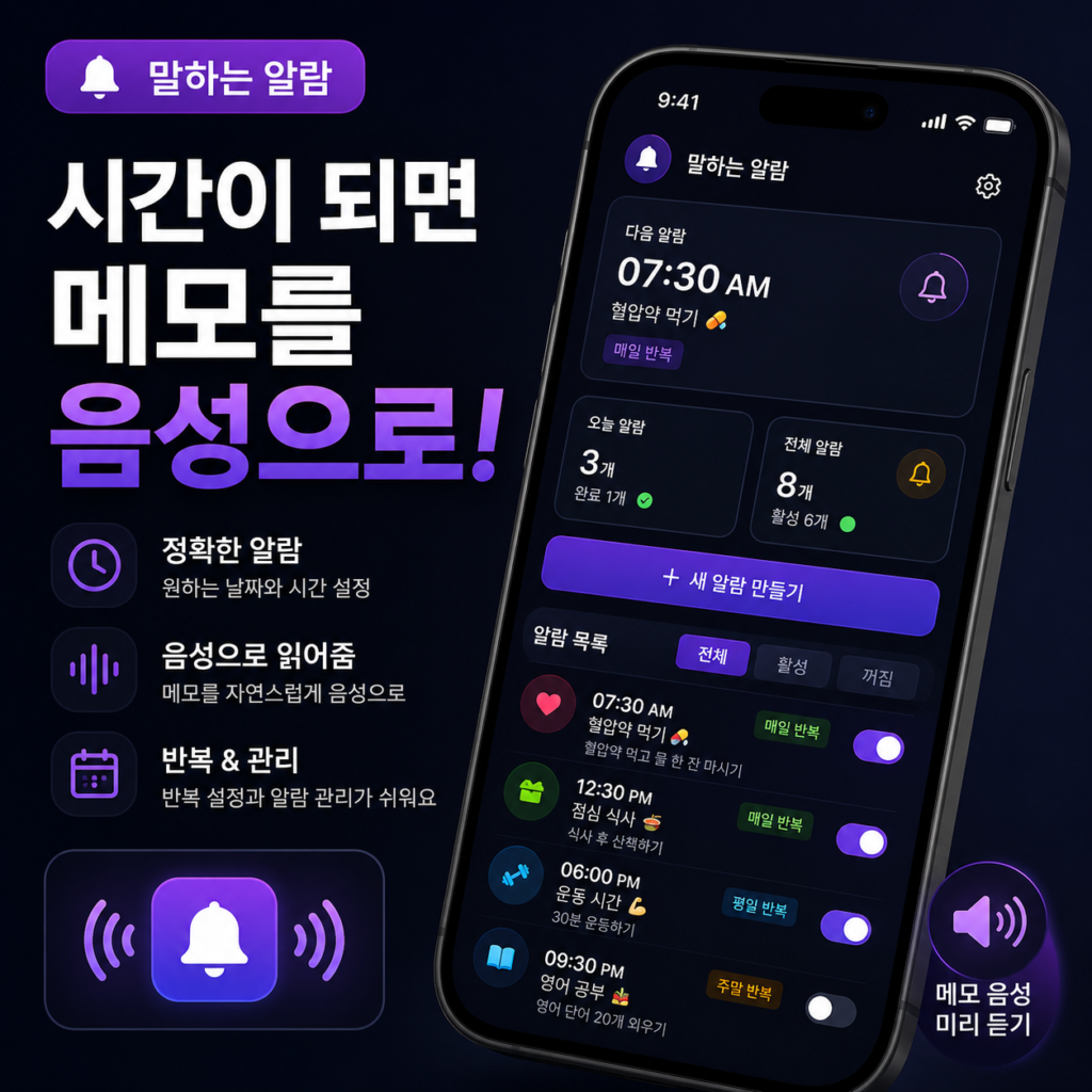 말하는 알람, 시간이 되면 메모를 음성으로